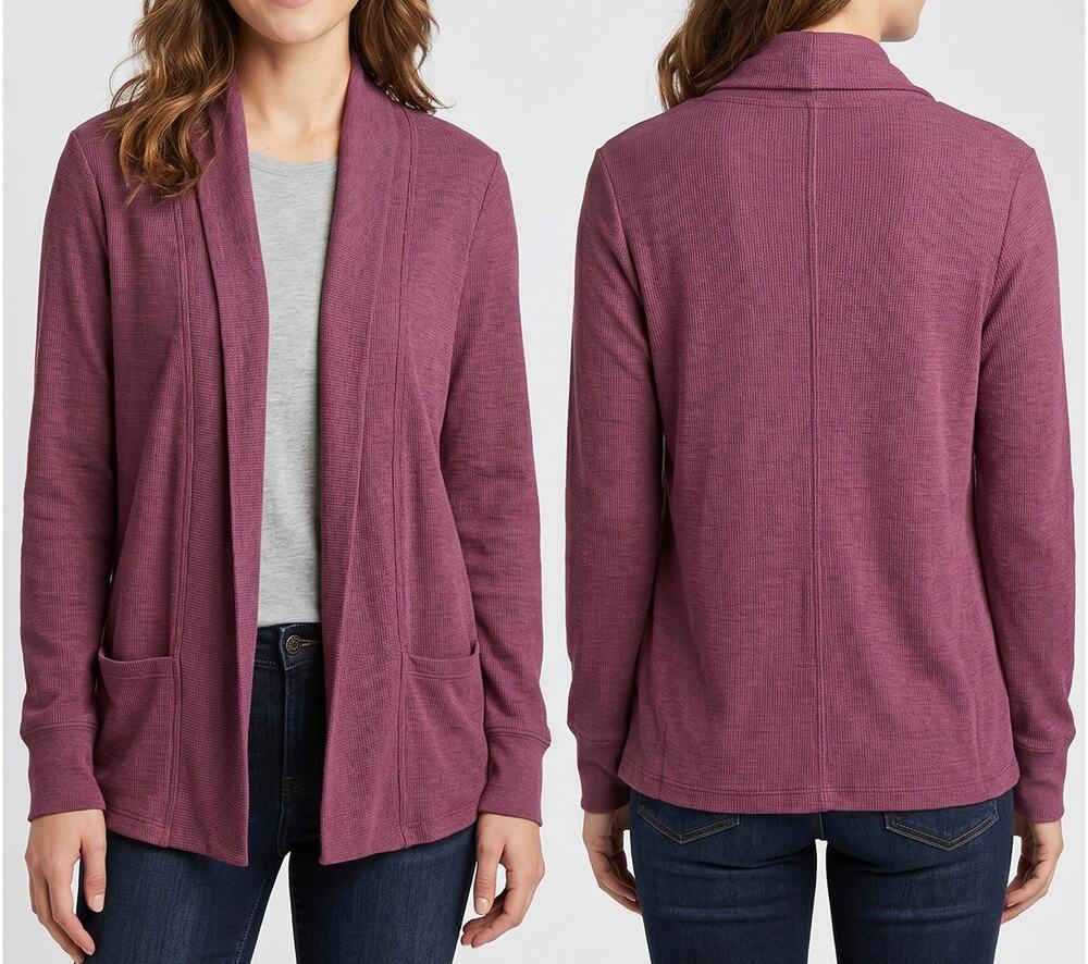 Aventura XS Organic Cotton Polyester Open Front Waffle Knit Cardigan Purple